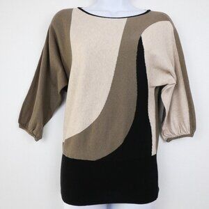Style & Co Womens Top Petite Small Tan Black Pullover Sweater Blouse 3/4 Sleeve
